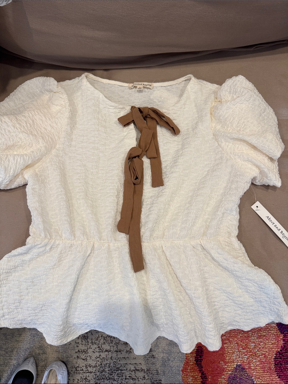 White Textured Peplum Top with Brown Tie - Above and Beyond ( brand )